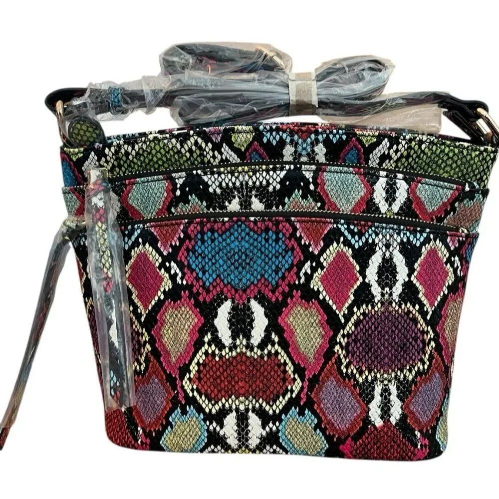 Bright Colorful SnakeskinโPrint Crossbody Triple Zip Purse Shoulder Bag NWT